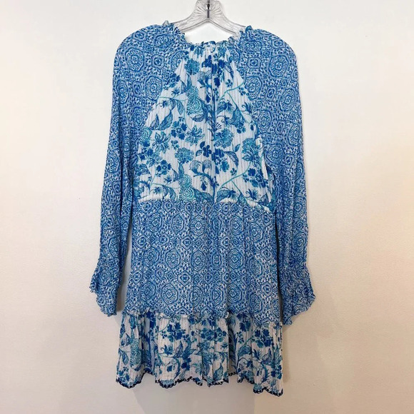 Hemant & Nandita Blue Metallic Striped Floral Tassle Bohemian Mini Dress Medium - Picture 11 of 11